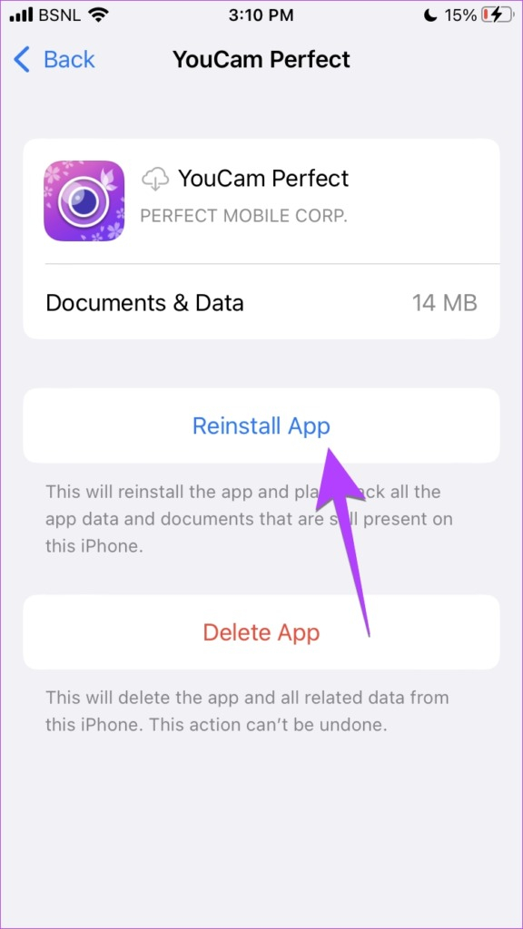 دکمه Reinstall App را فشار دهید.